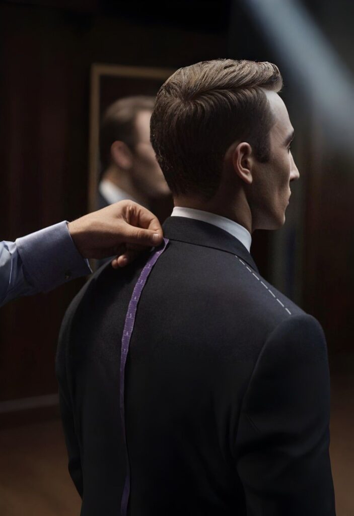 Tailor measuring the back of a custom navy suit during bespoke fitting session