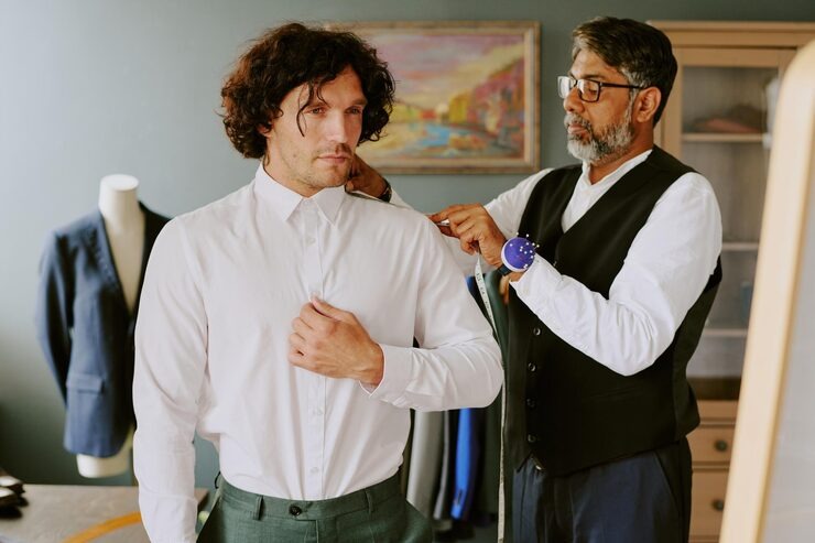 Collar and cuff options laid out at a shirt consultation at Vogue Atelier in Dubai